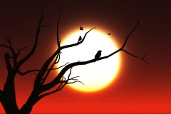 3D tree against a sunset sky with birds